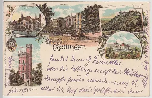 (112569) AK Gruß aus Göttingen, Burg Plesse, Rohns, Bismarckturm, Litho 1902