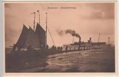 (111986) AK Norderney, Abendstimmung, Fischerboot, Schaufelraddampfer, um 1910