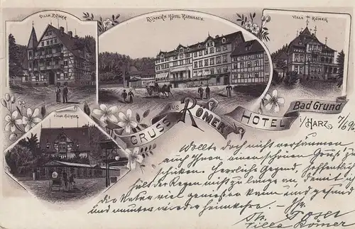 (107827) AK Gruß aus Römers Hotel, Bad Grund, Harz, Villa, Hotel Rathaus 1896