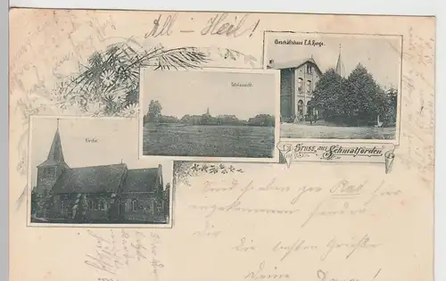(107273) AK Gruss aus Schmalförden, Total, Kirche u. Geschäftshaus Runge, 1900