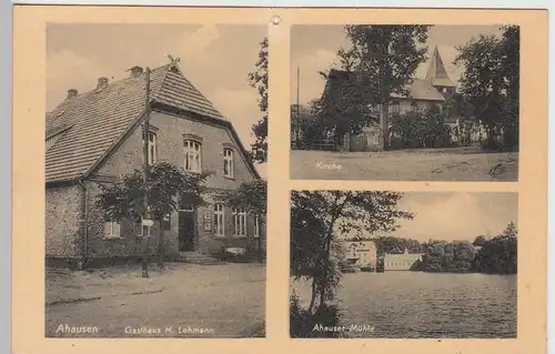 (105734) AK Ahausen, Gasthaus, Kirche u. Mühle, vor 1945