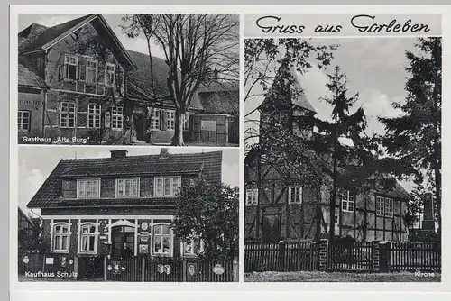 (100942) AK Gruß aus Gorleben, Kaufhaus Schulz, Gasthaus Alte Burg, Kirche