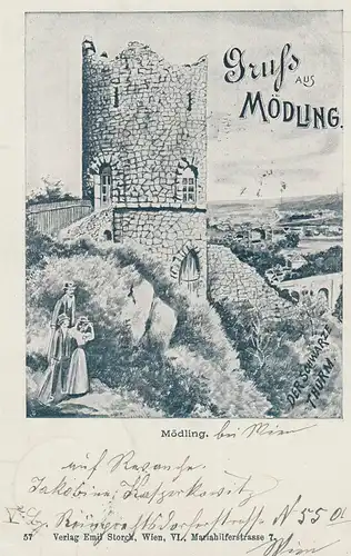 (108241) AK Gruss aus Mödling, Schwarzer Turm, 1899