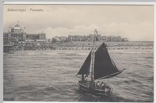 (51505) AK Scheveningen, Panorama m. Segelboot, vor 1945