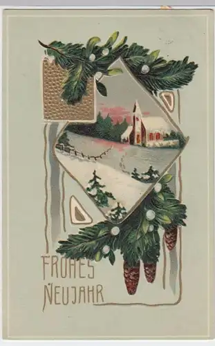 (6004) AK Neujahr, Mistelzweig, Kirche, Fichtengrün, Prägekarte 1909