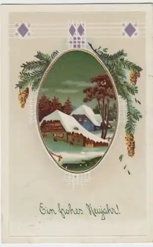 (3545) AK Neujahr, Häuser, Fichtenzweige, Prägekarte 1913