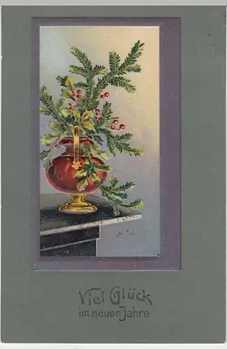 (25287) Künstler AK Neujahr, Prägekarte, Tannenzweige, Stechpalme 1907
