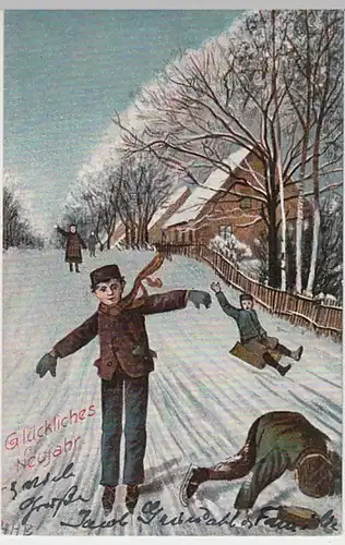 (25272) Künstler AK Neujahr, Kinder auf Schlittschuhen 1905