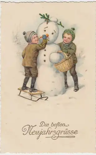 (25270) Künstler AK Neujahr, Kinder mit Schneemann 1921
