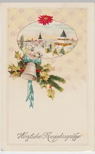(25248) AK Neujahr, verschneiter Ort, Glocke, Stechpalme, vor 1945