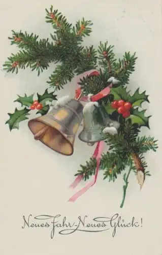 (229) AK Neujahr, Tannenzweig mit Glocken und Stechpalme 1929
