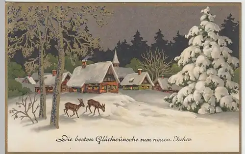 (22428) Künstler AK Neujahr, Rehe am Dorf, Golddruck 1938