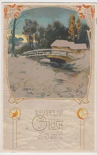 (21624) Künstler AK Neujahr, Prägekarte, Haus am Wasser 1909
