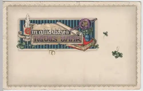 (2156) AK Neujahr, Klee, Schreibfeder, Buch, Prägekarte 1916