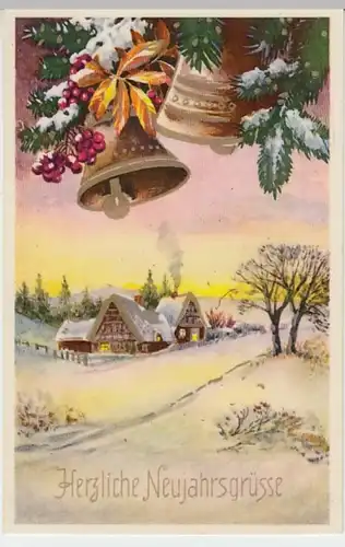 (19470) AK Neujahr, Glocken, verschneites Haus