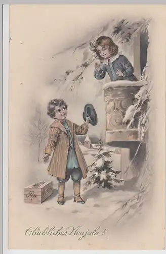 (114705) AK Glückliches Neujahr, Mädchen a. Balkon, Junge m. Geldkiste 1910er