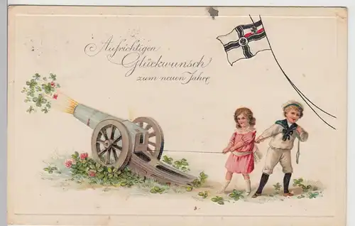 (111026) AK Glückwunsch Neujahr, Kinder feuern Kanone ab, Prägekarte, 1916