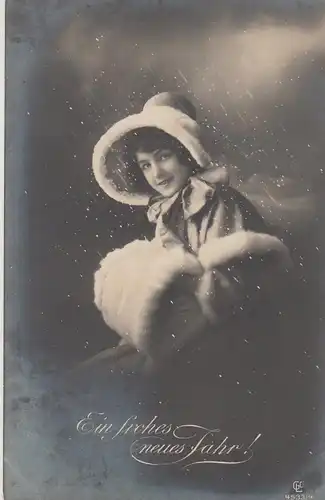 (108213) Foto AK Frohes Neues Jahr, junge Frau mit Muff, Schneefall, 1917