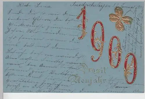 (105531) AK Neujahr, Prosit, 1900, Goldprägung
