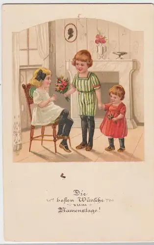 (51923) Künstler AK Wünsche z. Namenstage, Kinder schenken Blumen