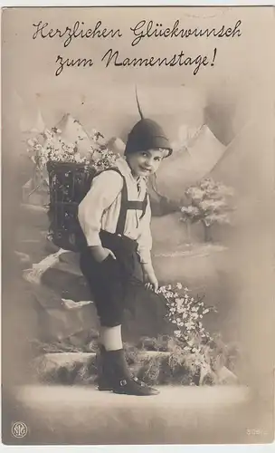 (43948) Foto AK Namenstag, Junge mit Tragekorb u. Blütenzweigen 1919
