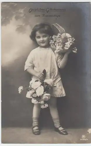 (3499) Foto AK Namenstag, Mädchen, Blumenkorb, Blumenstrauß 1911