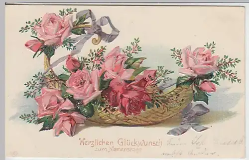 (22345) AK Namenstag, Rosenkorb, Prägekarte 1910