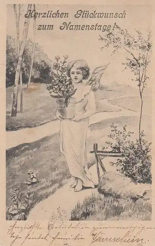 (108201) AK Glückwunsch zum Namenstag, Engel mit Blumentopf, 1905