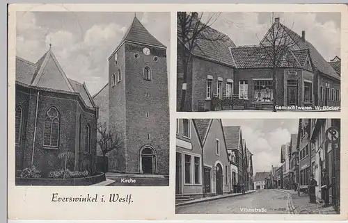 (95474) AK Everswinkel, Kirche, Vitusstraße, Gemischtwaren W.Böcker, 1952