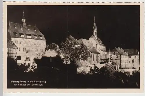 (90283) Foto AK Warburg, Westf., bei Nacht, Rathaus, Gymnasium 1955