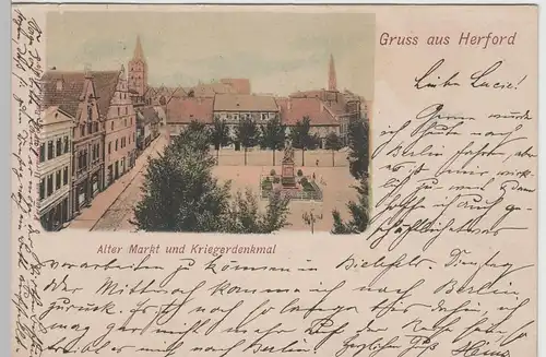 (76558) AK Gruß aus Herford, Alter Markt und Kriegerdenkmal, 1900