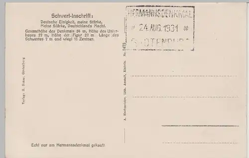 (71974) AK Hiddesen, Bismarckstein und Hermannsdenkmal 1931