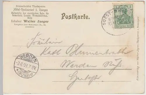 (32521) AK Gruss v.d. Thalsperre b. Remscheid, Bahnpost 1903