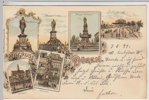 (26172) AK Gruß aus Düren, N.-W., Annasäule, Mariensäule, Litho 1899