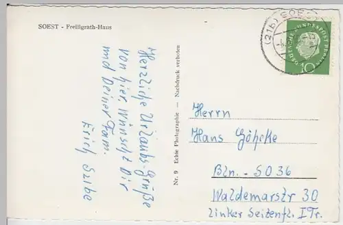 (13867) Foto AK Soest, Nordrh.-Westf., Freiligrathhaus 1959