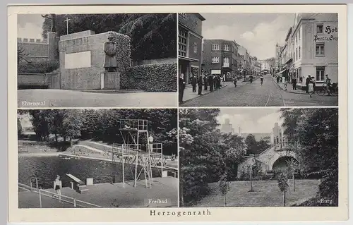 (115137) AK Herzogenrath, Ehrenmal, Freibad, Burg u. Straßenpartie, Bahnp. 1952