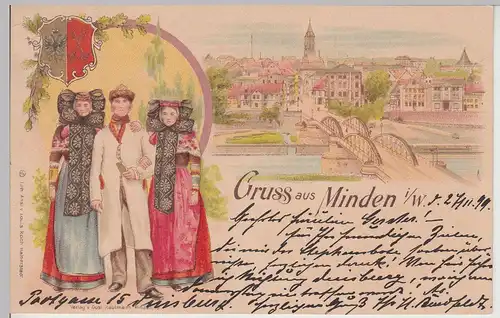 (113471) Künstler AK Gruß aus Minden, Westf., Trachten, Wappen, Litho. 1899