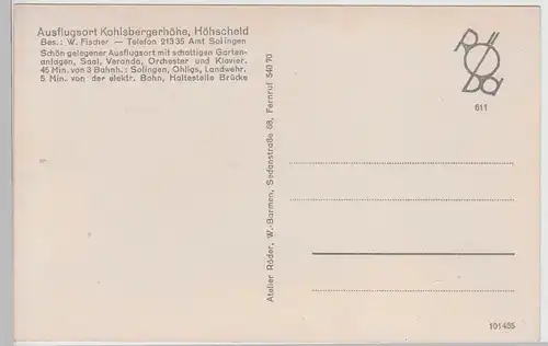 (113393) AK Höhscheid, Solingen, Ausflugsort Kohlsbergerhöhe, Inneres, vor 1945