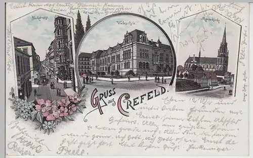 (112972) AK Gruss aus Crefeld, Krefeld, Webeschule, Hochstraße, Litho 1897