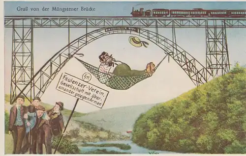 (107816) Künstler AK Gruß von der Müngstener Brücke, Faulenzer Verein, vor 1945