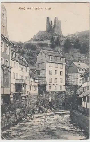 (105900) AK Gruß aus Montjoie, Monschau, Häuserpartie mit Haller Ruine 1912