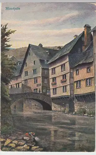 (105899) Künstler AK Montjoie, Monschau, Alte Häuser an der Rur, Brücke 1934