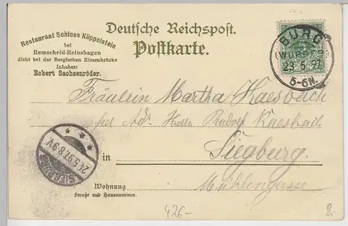 (100954) AK Gruß aus dem Bergischen Land, Schloss Kuppelstein, Schloss Burg 1897