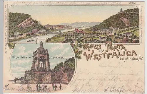 (100931) AK Gruß aus Porta Westfalica, Litho., Kaiser Wilhelm Denkmal, Golddruck
