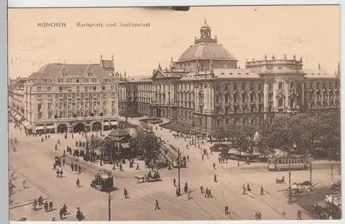(95114) AK München, Karlsplatz, Justizpalast, Straßenbahn 1914