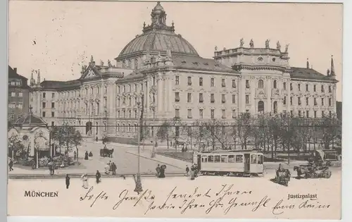 (76099) AK München, Justizpalast, Straßenbahn 1905