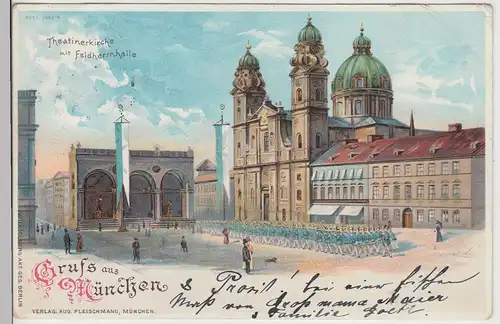 (113048) AK Gruss aus München, Theatinerkirche u. Feldherrnhalle, Litho 1900