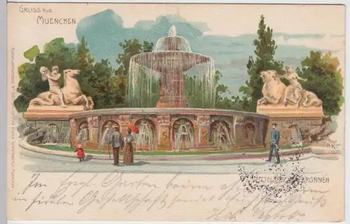 (109068) Künstler AK Gruß aus München, Wittelsbacher Brunnen 1899