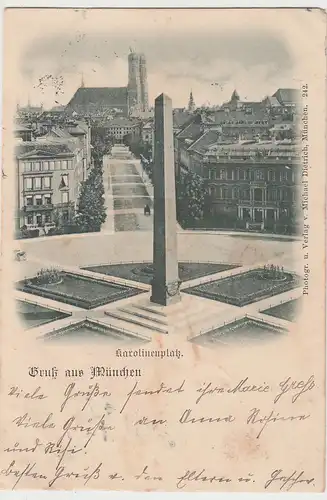 (107072) AK Gruß aus München, Karolinenplatz, Obelisk, Frauenkirche 1901