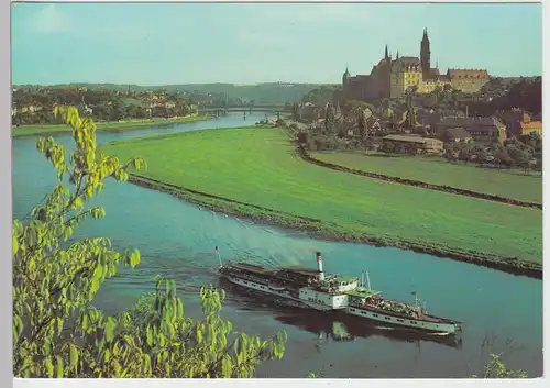 (111607) AK Meißen, Blick von Proschwitz ins Elbtal, Raddampfer Riesa DDR 1977